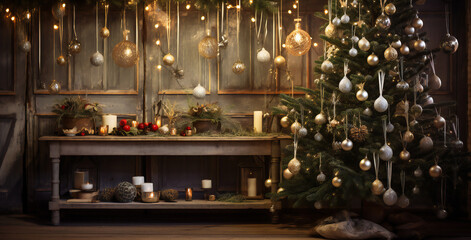 Beautiful Christmas Background with Tree, Lights, Balls, indoor, warm, wood