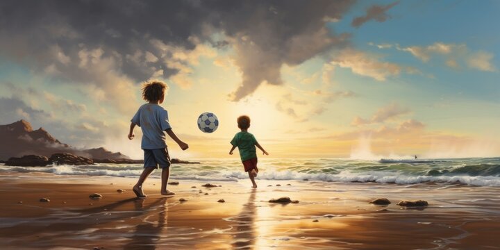 A painting of two children playing with a soccer ball on the beach. Generative AI image.