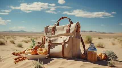 Picnic bag amid the vast desert landscape