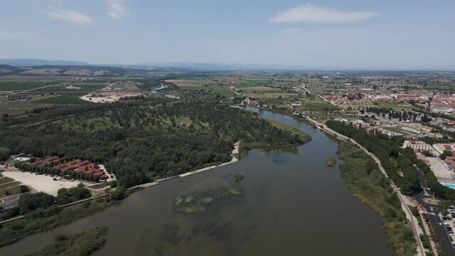 Aerial view of the Tagus river in Talavera de la Reina, Toledo district, Spain.