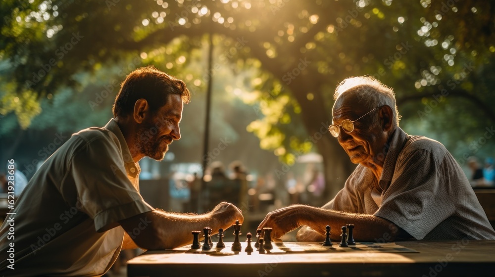 Poster two men playing a game of chess in a park. generative ai image.