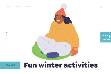 Fun winter activities landing page design template with happy woman enjoying ice skating down hills