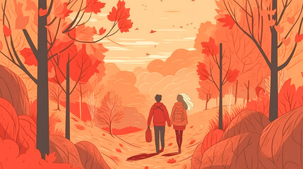 Man and woman in the autumn forest, view from the back, generative AI.