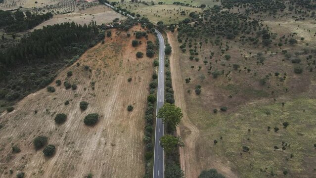 Aerial view of a road crossing the countryside along the Spanish and Portuguese border, Zebreira, Castel Branco, Portugal.