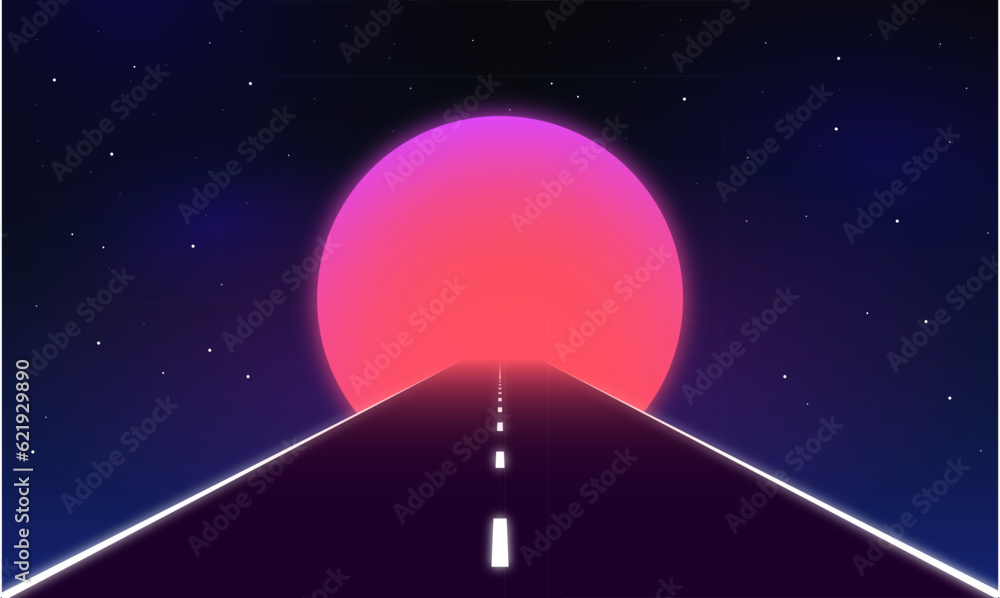 Wall mural night road 80s retro sci-fi background futuristic grid landscape. digital cyber surface style of the