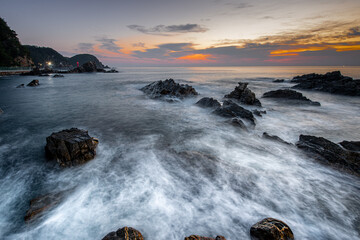 Sea waves and calm dawn scenery
