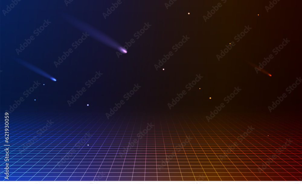Poster 80s retro sci-fi background futuristic grid landscape. digital cyber surface style of the 1980`s. 3d