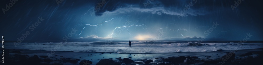 Poster a person standing on a beach under a cloudy sky. generative ai image.