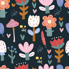 Seamless pattern with cartoon abstract flowers, mushrooms, leaves. Vector illustration.