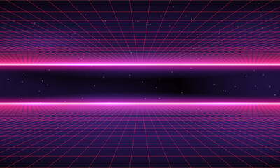 80s Retro Sci-Fi Background Futuristic Grid landscape. Digital cyber surface style of the 1980`s. Double infinite grid and lights forward. Synthwave wireframe net illustration.  80s, 90s cyber grid