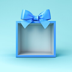 Blank blue gift box showcase display stand mock up with blue ribbon bow isolated on blue pastel color background with shadow minimal conceptual 3D rendering