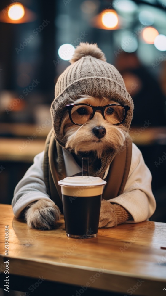 Canvas Prints A dog wearing a hat and glasses drinking coffee. Generative AI image.