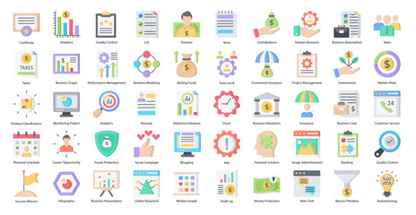Business Management Flat Icons Career Strategy Icon Set in Color Style 50 Vector Icons