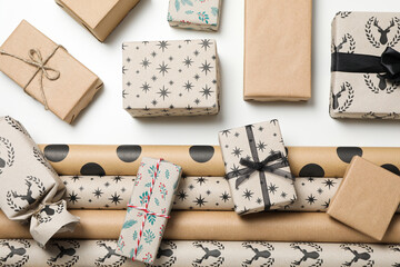 Concept of wrapping gift, composition with wrapping paper