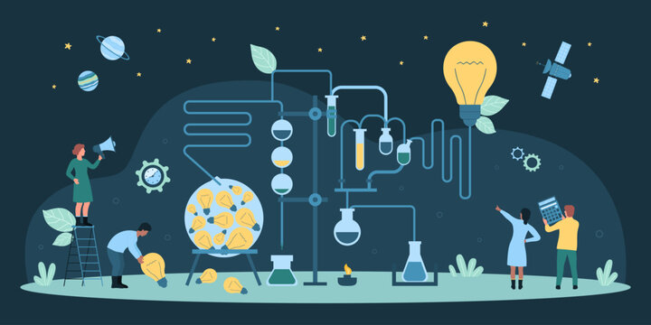 Cartoon tiny people work with scientific equipment, develop innovations, new projects ideas. Startup business teamwork, solution development through science knowledge dark concept vector illustration