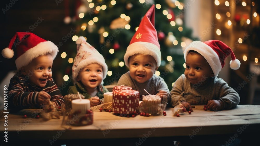 Poster a group of children sitting at a table with a cake. generative ai image.