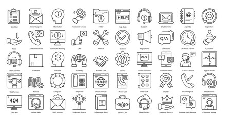 Customer Service Thin Line Icons Support Helpline Icon Set in Outline Style 50 Vector Icons in Black