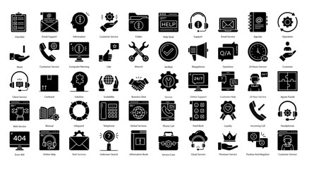 Customer Service Glyph Icons Support Helpline Icon Set in Glyph Style 50 Vector Icons in Black