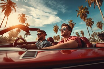 Obraz premium Two friends in car driving on road, having road trip, palm trees around. AI Generative