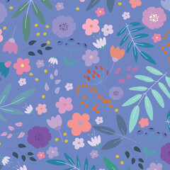 Seamless pattern with small flowers and leaves on violet background. Vector illustration.