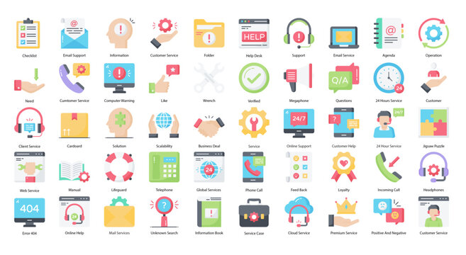 Customer Service Flat Icons Support Helpline Icon Set In Color Style 50 Vector Icons 