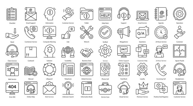 Customer Service Thin Line Icons Support Helpline Icon Set in Outline Style 50 Vector Icons in Black