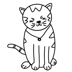 Black and White Line Drawing Mischievous Cat in Sitting Position