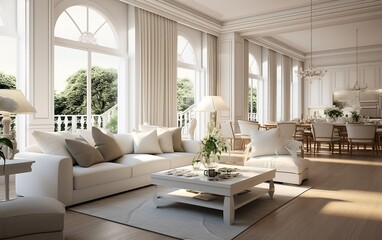 Fototapeta na wymiar A living room filled with lots of white furniture. AI