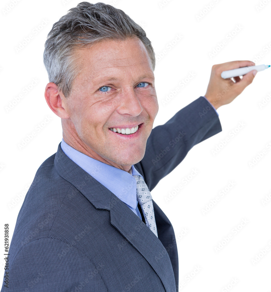 Poster Digital png photo of happy caucasian businessman writing with marker on transparent background