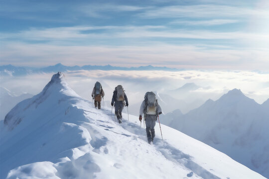 mountain sport adventure winter group hiking landscape snow blizzard nature. Generative AI.