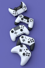 Set of lying gamer joysticks or gamepads on purple background