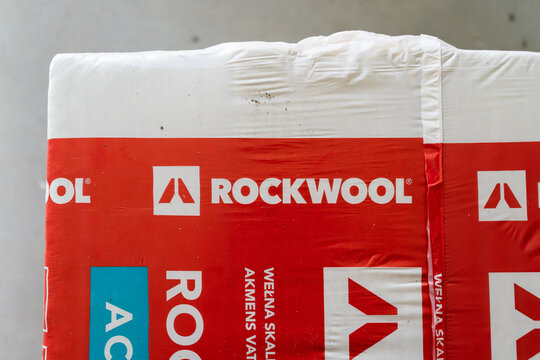 Rockwool Rockslab Acoustic mineral rock wool. Bag of insulation materials with brand logo sign on April 24, 2023 in Krakow, Poland.