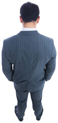 Digital png photo of back view of asian businessman looking down on transparent background