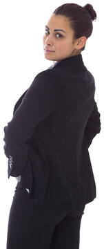 Digital png photo of back view of hispanicn businesswoman turning around on transparent background