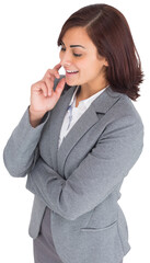 Digital png photo of happy hispanic businesswoman looking down on transparent background