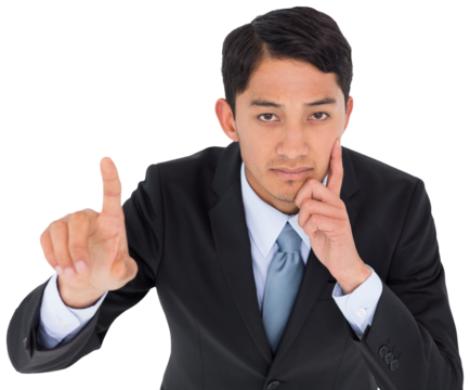Digital png photo of thinking asian businessman showing index finger on transparent background