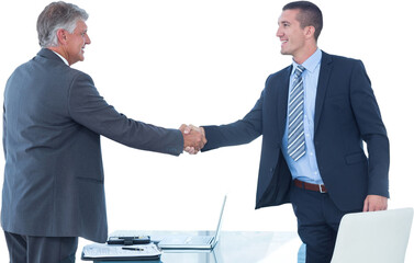 Digital png photo of smiling caucasian businessmen shaking hands on transparent background