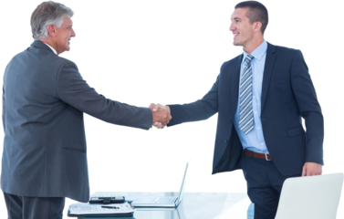 Digital png photo of smiling caucasian businessmen shaking hands on transparent background