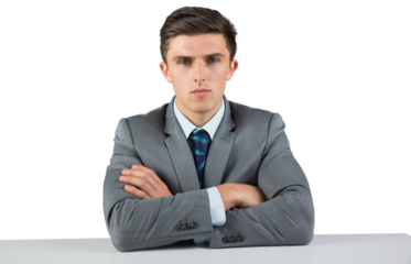Digital png photo of caucasian businessman sitting with folded hands on transparent background