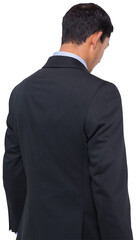 Digital png photo of back view of asian businessman looking down on transparent background