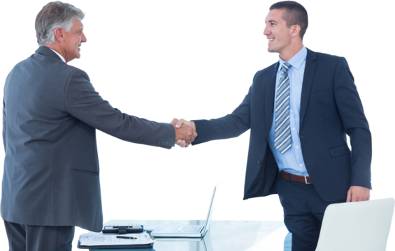 Digital png photo of smiling caucasian businessmen shaking hands on transparent background