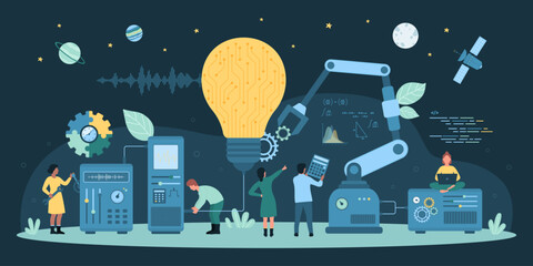 Cartoon tiny people control robot arms to make bright light bulb, work with laboratory equipment, laptop and tools. Project development, improvement of ideas and innovations dark vector illustration. - obrazy, fototapety, plakaty