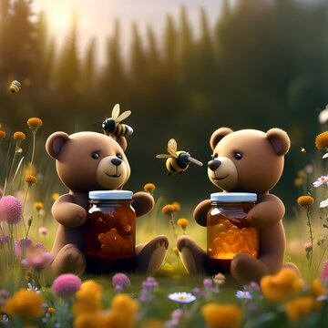 Naklejka Zwei süße, braune Teddybären mit je einem Glas mit Honig sitzen auf einer Wiese mit bunten Blumen. Bienen schwirren umher. erzeugt mit generative ai Technologie