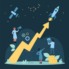 Cartoon tiny people launch fast rocket chart arrow growth, entrepreneur characters start new ideas, power breakthrough innovation project. Success business startup dark concept vector illustration