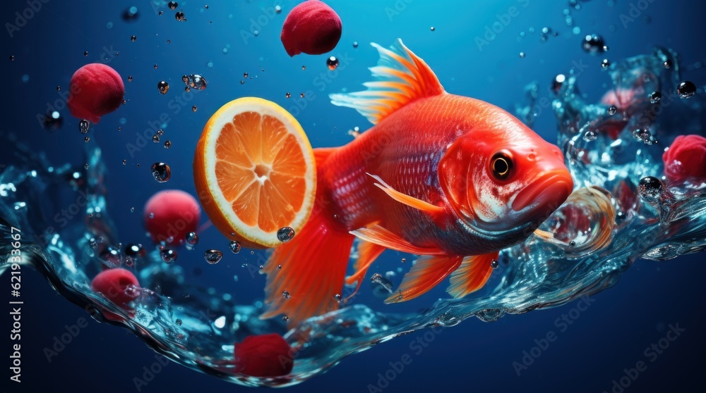 Poster a goldfish in the water with a slice of orange. generative ai image.
