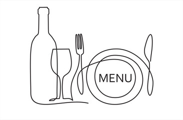 Continuous one single line drawing of plate, fork, knife, bottle of wine and glass. Menu food design. Vector illustration.