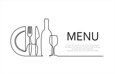 Continuous one single line drawing of plate, fork, knife, bottle of wine and glass. Menu food design. Vector illustration.