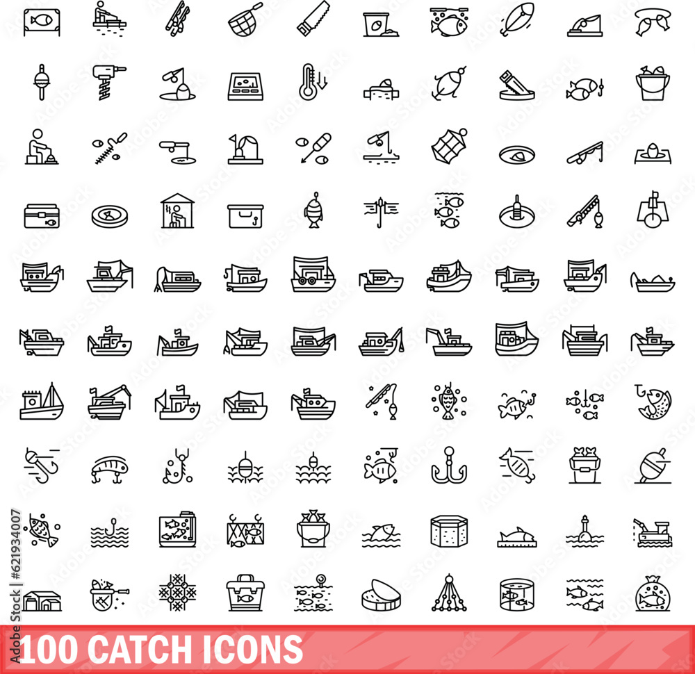 Poster 100 catch icons set. outline illustration of 100 catch icons vector set isolated on white background