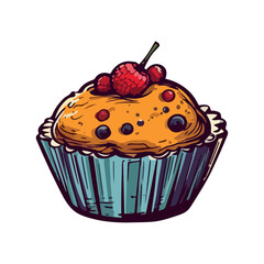 Hand drawn gourmet cupcake with fruity decorations