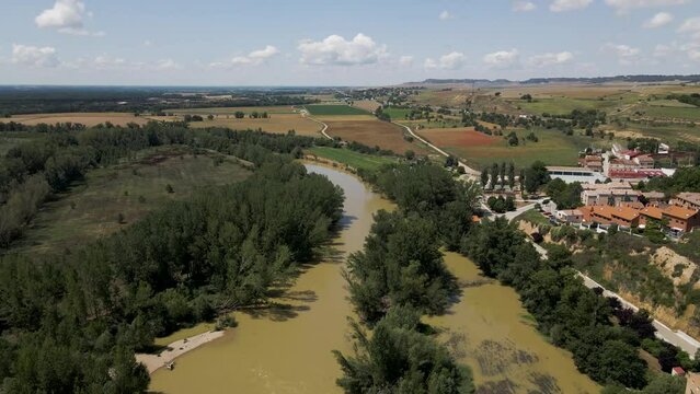 Aerial view of Simancas, a small town on the hill along Rio Pisuerga, Valladolid, Spain.